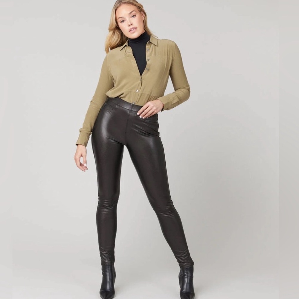 SPANX Women Medium Sleek Noir Black Faux Leather Legging PullOn Skinny Pants